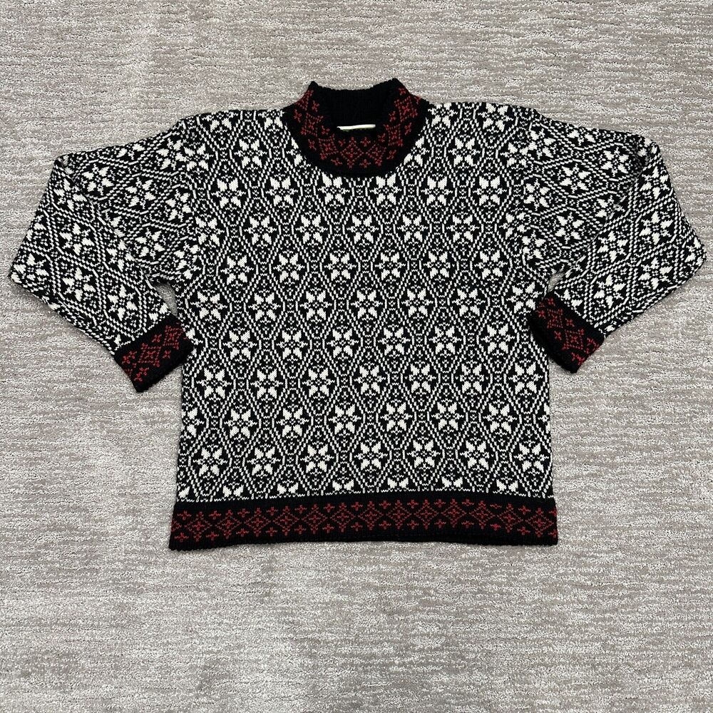 VTG Quissett Cove Sweater Womens Medium Black White Red Fair Isle Snowflake Wool
